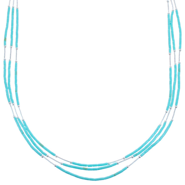 Turquoise 3-Strand Liquid Silver Heishi Bead Necklace KX120937